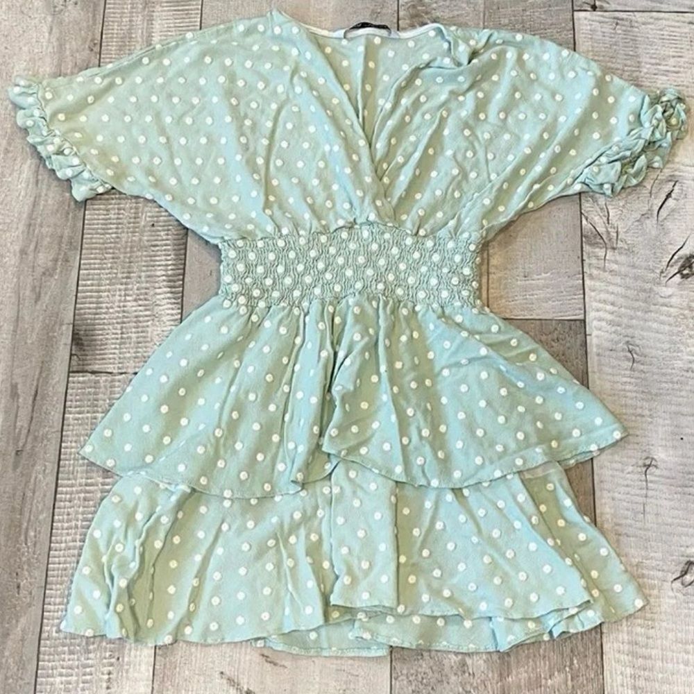 Zara Mint Green Polka Dot Smocked Waist‎ Tiered Mini Dress Womens Small Ruffle